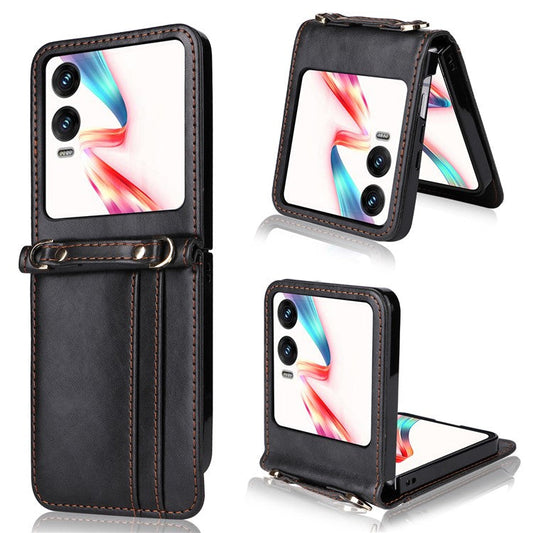 For Infinix Zero Flip 5G X6962 Case Card Slots Leather Phone Cover with Lanyard - Black
