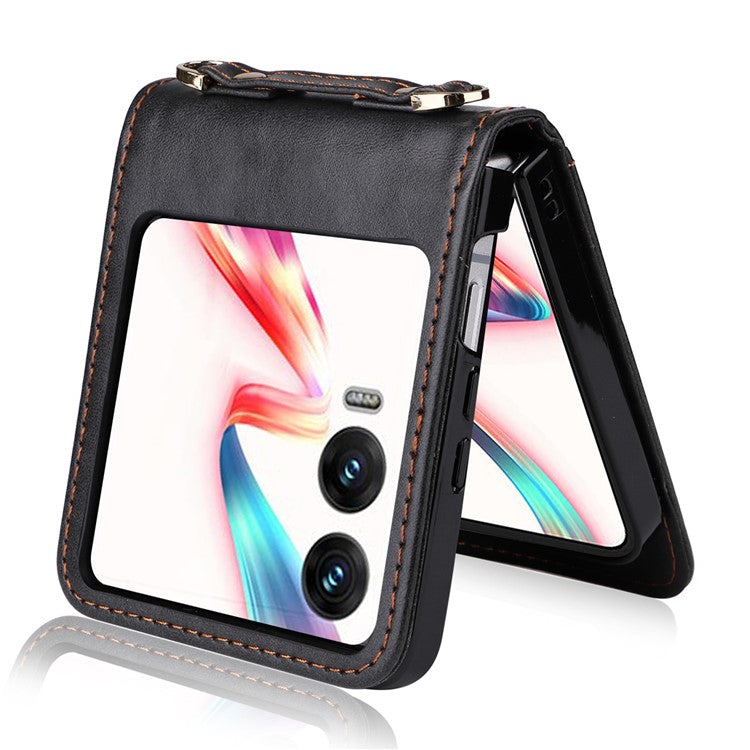 For Infinix Zero Flip 5G X6962 Case Card Slots Leather Phone Cover with Lanyard - Black
