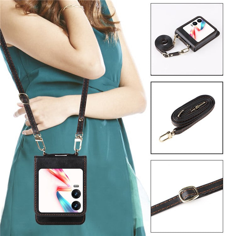 For Infinix Zero Flip 5G X6962 Case Card Slots Leather Phone Cover with Lanyard - Black