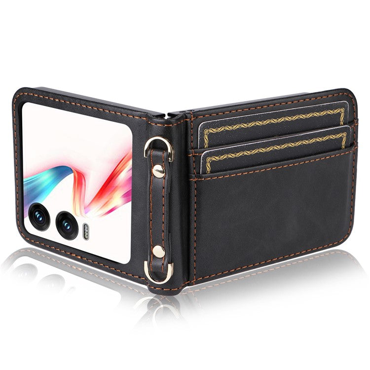 For Infinix Zero Flip 5G X6962 Case Card Slots Leather Phone Cover with Lanyard - Black