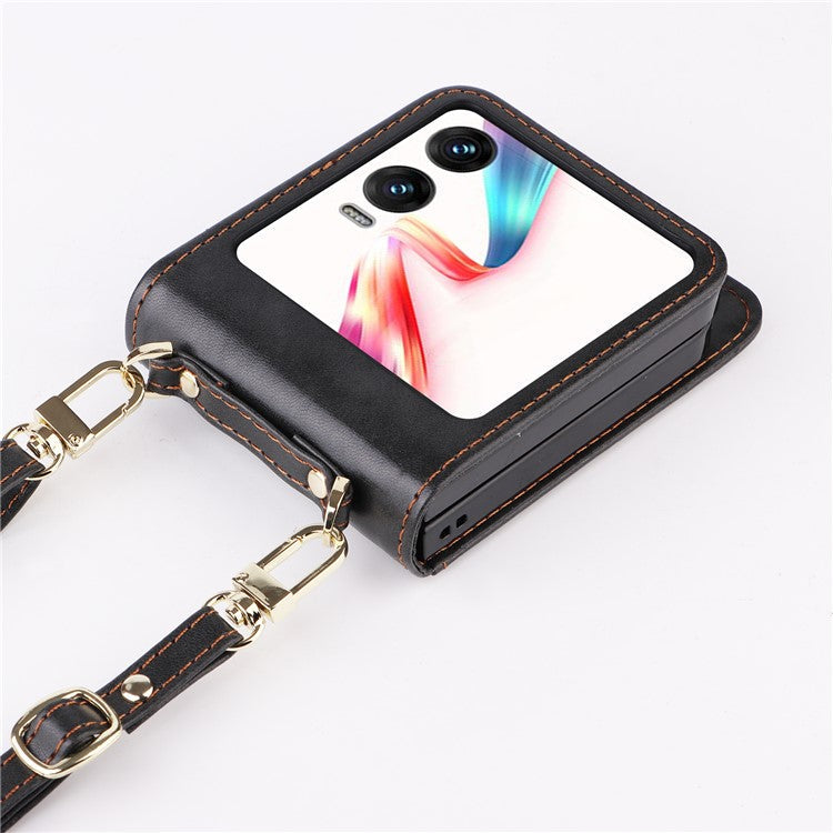 For Infinix Zero Flip 5G X6962 Case Card Slots Leather Phone Cover with Lanyard - Black