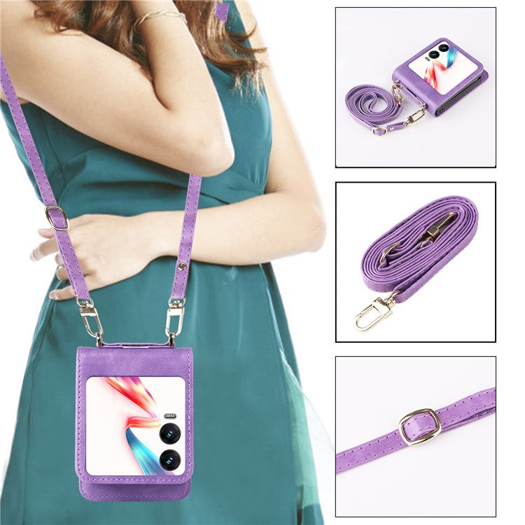 For Infinix Zero Flip 5G X6962 Case Card Slots Leather Phone Cover with Lanyard - Purple