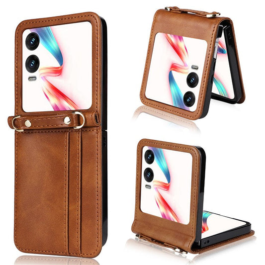 For Infinix Zero Flip 5G X6962 Case Card Slots Leather Phone Cover with Lanyard - Brown