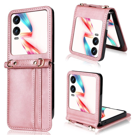 For Infinix Zero Flip 5G X6962 Case Card Slots Leather Phone Cover with Lanyard - Pink