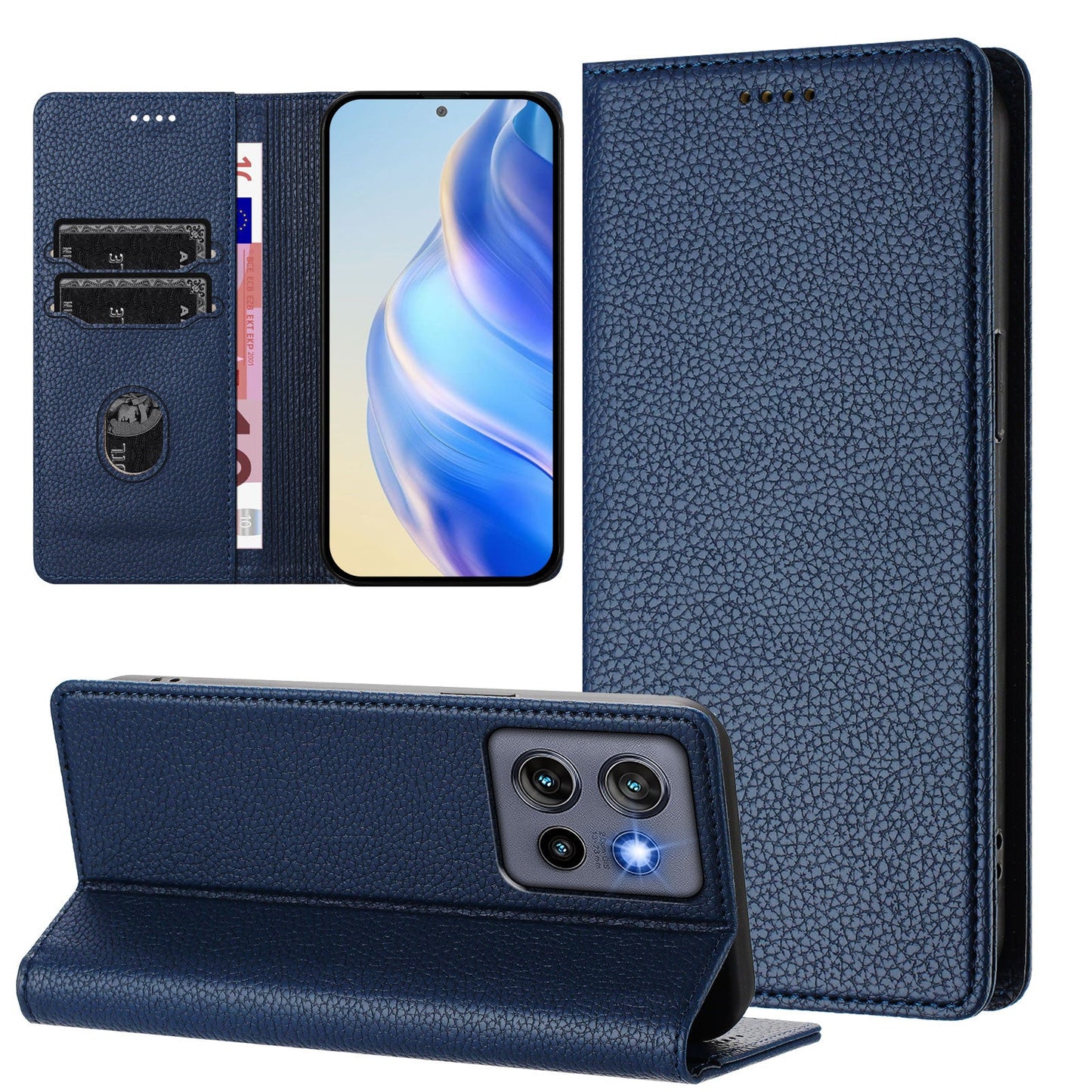 For Motorola Edge 50 Neo 5G Wallet Case RFID Blocking Litchi Texture Leather Mobile Cover - Dark Blue