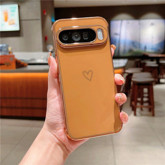 For Google Pixel 9 Pro XL Case Love Heart Pattern TPU Phone Cover Electroplating Edge - Brown