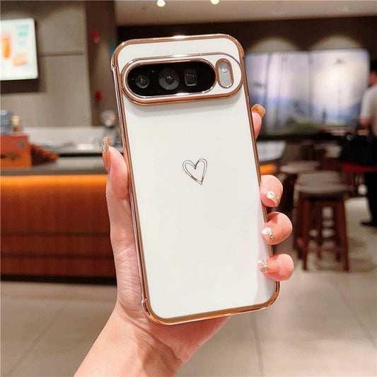 For Google Pixel 9 Pro XL Case Love Heart Pattern TPU Phone Cover Electroplating Edge - Ivory White