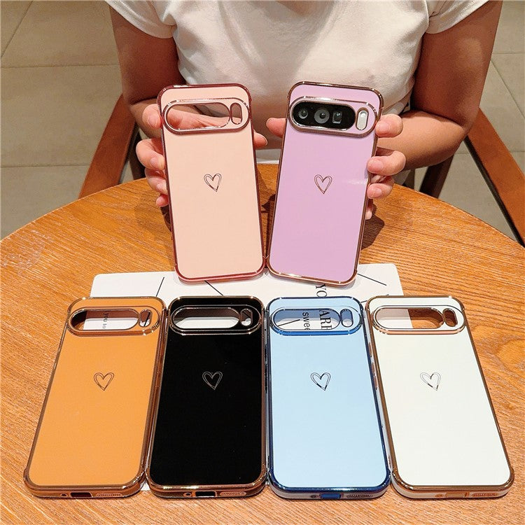 For Google Pixel 9 Pro XL Case Love Heart Pattern TPU Phone Cover Electroplating Edge - Pink