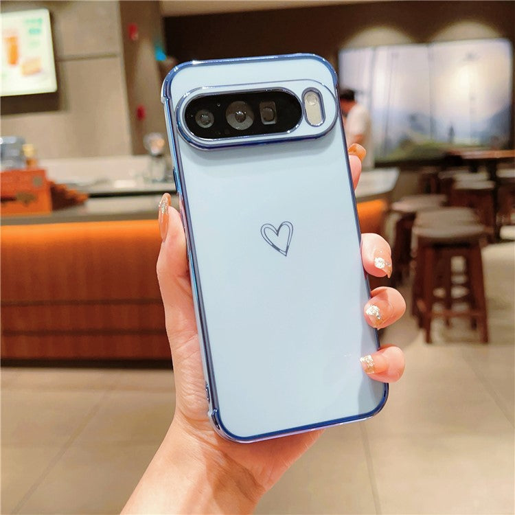 For Google Pixel 9 Pro XL Case Love Heart Pattern TPU Phone Cover Electroplating Edge - Blue