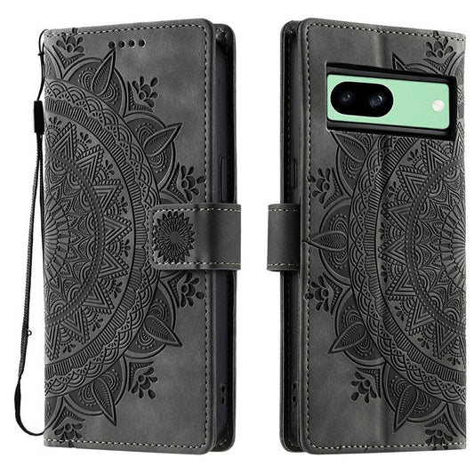 Style 018 For Google Pixel 8a Case Imprinted Totem Skin Feel Wallet Leather Phone Cover - Grey