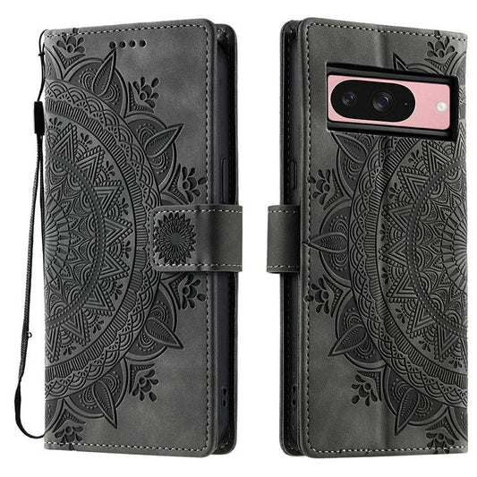 Style 018 For Google Pixel 9 Pro  /  Pixel 9 Case Imprinted Totem Skin Feel Wallet Leather Phone Cover - Grey