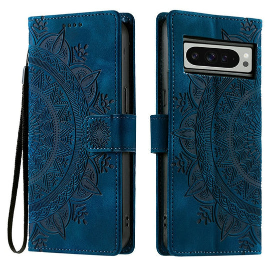 Style 018 For Google Pixel 9 Pro XL Case Imprinted Totem Skin Feel Wallet Leather Phone Cover - Blue