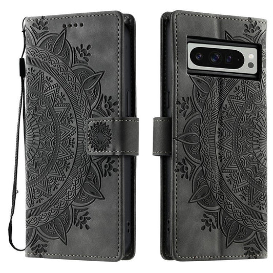 Style 018 For Google Pixel 9 Pro XL Case Imprinted Totem Skin Feel Wallet Leather Phone Cover - Grey
