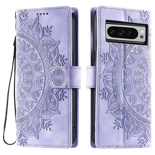 Style 018 For Google Pixel 9 Pro XL Case Imprinted Totem Skin Feel Wallet Leather Phone Cover - Purple