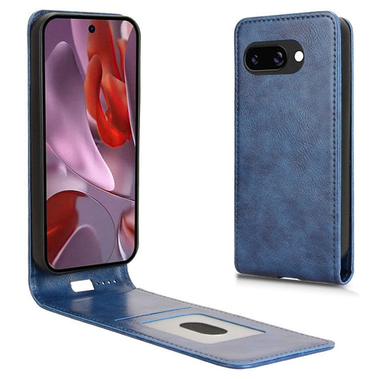 For Google Pixel 9a Case with Card Slot Magnetic Vertical Flip Leather Phone Cover - Dark Blue