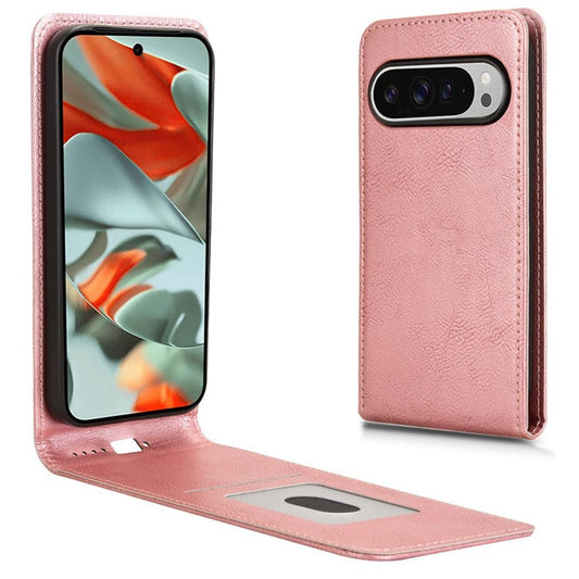 For Google Pixel 9 Case with Card Slot Magnetic Vertical Flip Leather Phone Cover - Rose Gold