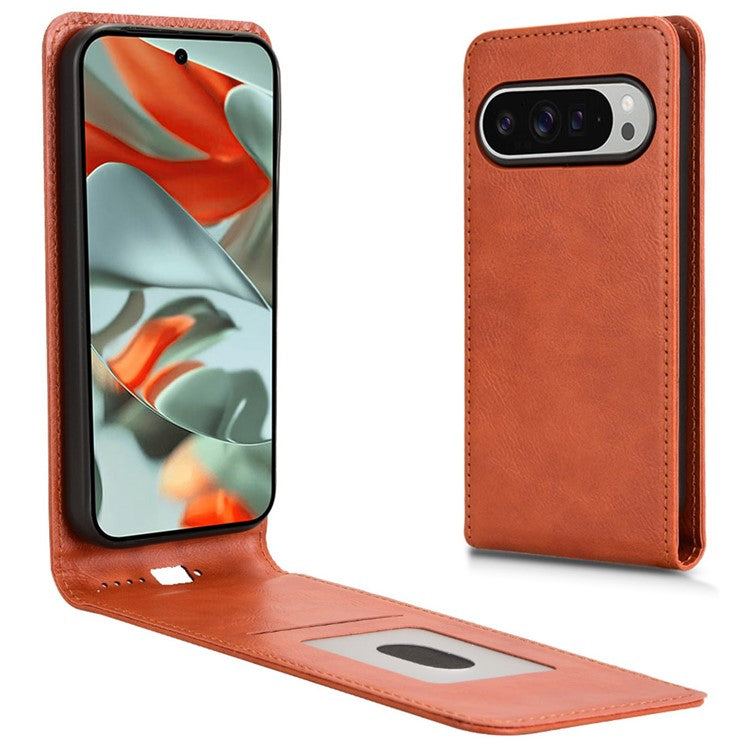For Google Pixel 9 Case with Card Slot Magnetic Vertical Flip Leather Phone Cover - Orange