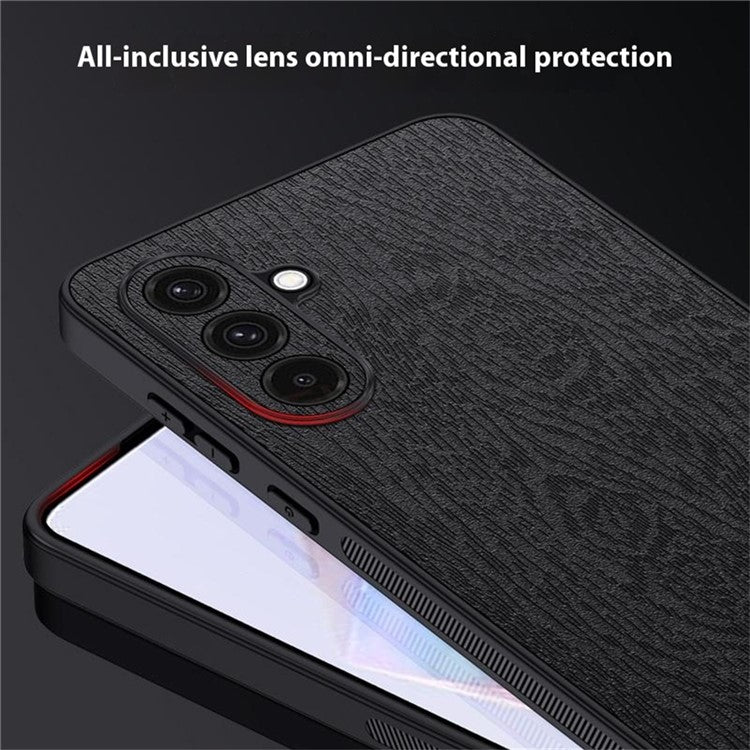 For Samsung Galaxy A36 5G Case Wood Texture PU Leather Coated PC+TPU Phone Cover - Brown