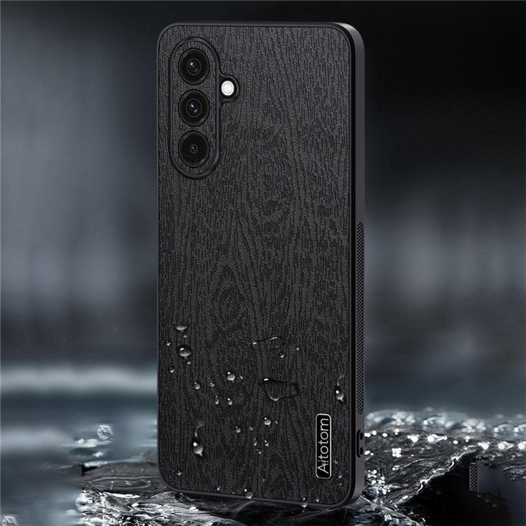 For Samsung Galaxy A36 5G Case Wood Texture PU Leather Coated PC+TPU Phone Cover - Brown
