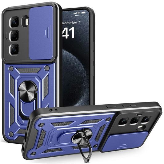 For Infinix Hot 50 Pro 4G Case with Slide Camera Lid PC+TPU Kickstand Phone Cover - Blue