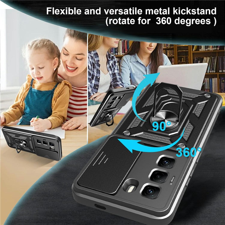 For Infinix Hot 50 Pro 4G Case with Slide Camera Lid PC+TPU Kickstand Phone Cover - Gold