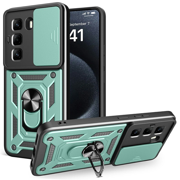 For Infinix Hot 50 Pro 4G Case with Slide Camera Lid PC+TPU Kickstand Phone Cover - Green