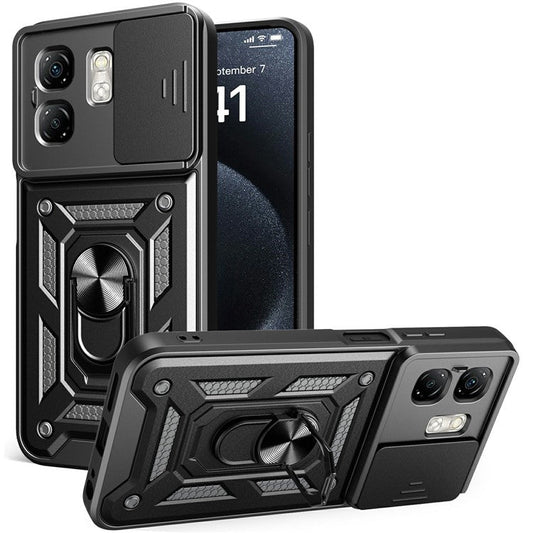 For Infinix Hot 50i 4G  /  Smart 9 4G Case with Slide Camera Lid PC+TPU Kickstand Phone Cover - Black