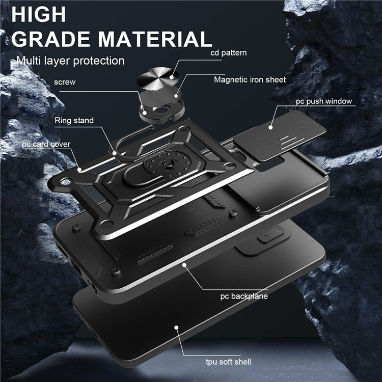 For Infinix Hot 50i 4G  /  Smart 9 4G Case with Slide Camera Lid PC+TPU Kickstand Phone Cover - Black