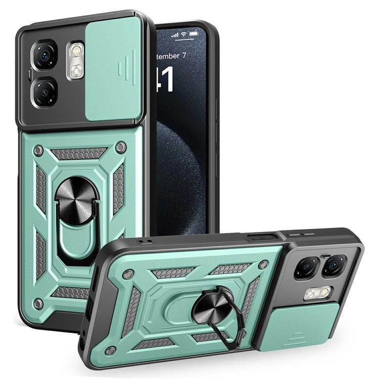 For Infinix Hot 50i 4G  /  Smart 9 4G Case with Slide Camera Lid PC+TPU Kickstand Phone Cover - Green