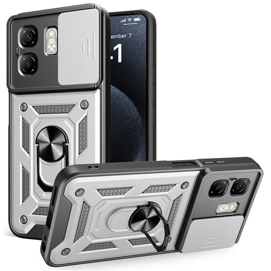 For Infinix Hot 50i 4G  /  Smart 9 4G Case with Slide Camera Lid PC+TPU Kickstand Phone Cover - Silver