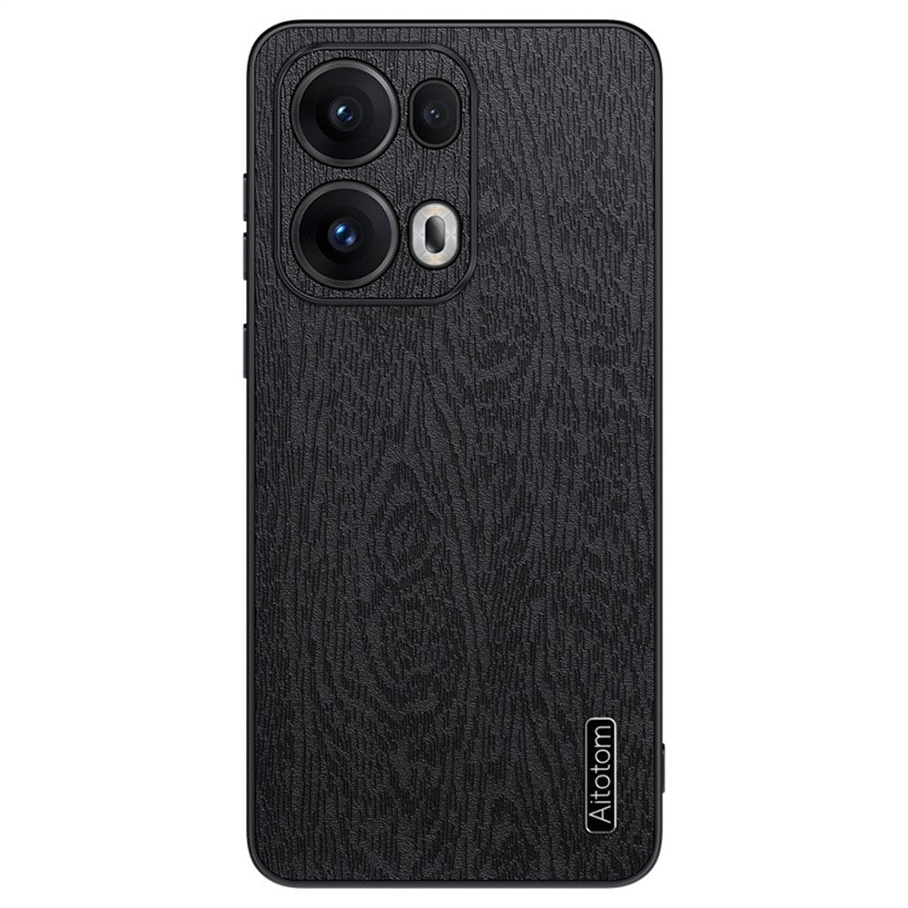 For Oppo Reno13 Pro 5G Case Wood Texture PU Leather Coated PC+TPU Phone Cover - Black