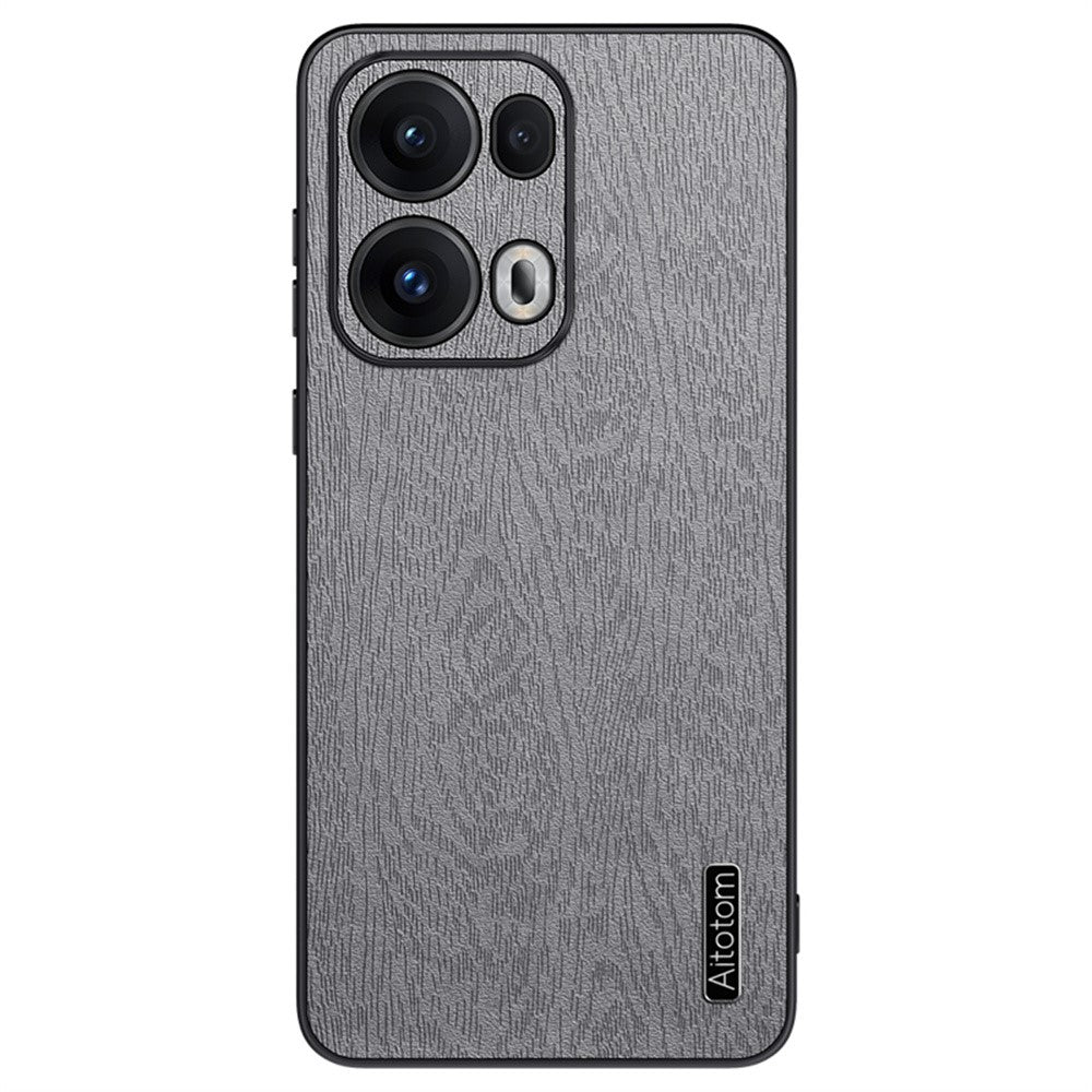 For Oppo Reno13 Pro 5G Case Wood Texture PU Leather Coated PC+TPU Phone Cover - Grey
