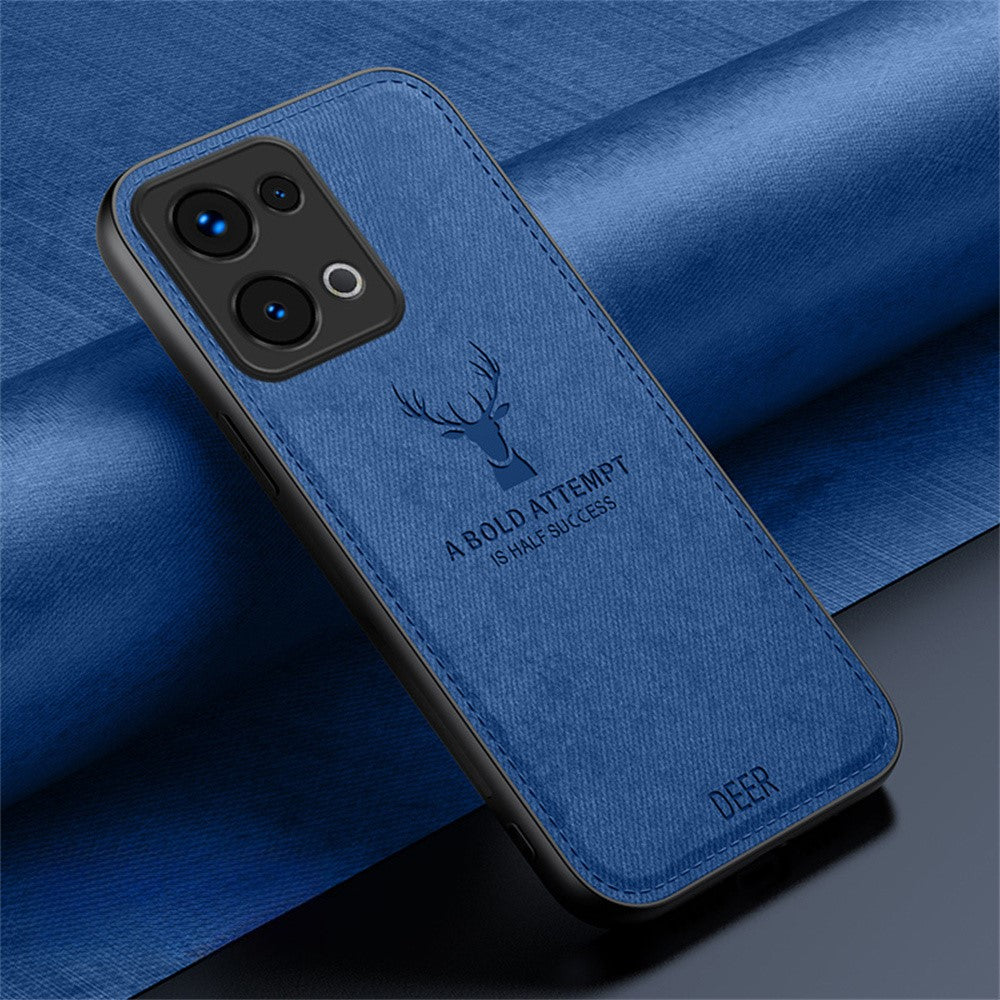 For Oppo Reno13 5G (Global) Case Deer Pattern Cloth Texture PU Leather Hybrid Phone Cover - Blue