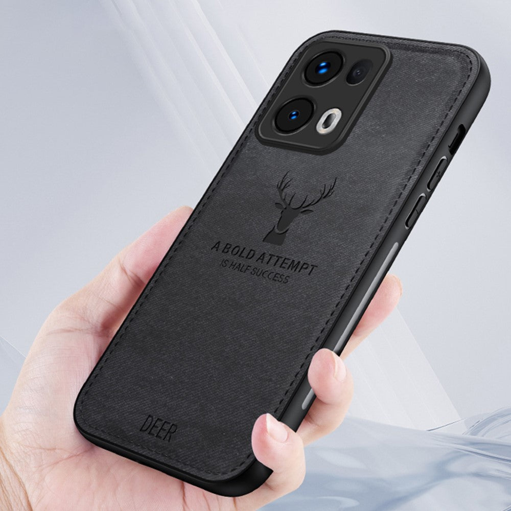 For Oppo Reno13 Pro 5G Case Deer Pattern Cloth Texture PU Leather Hybrid Phone Cover - Black