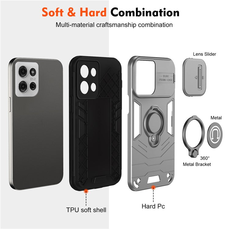 For Motorola Moto G75 5G Case Slide Camshield Kickstand PC+TPU Phone Cover - Grey