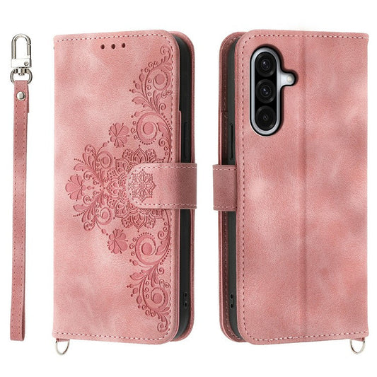 For Samsung Galaxy A56 5G Case Flower Pattern PU Leather Wallet Phone Cover with Strap - Pink