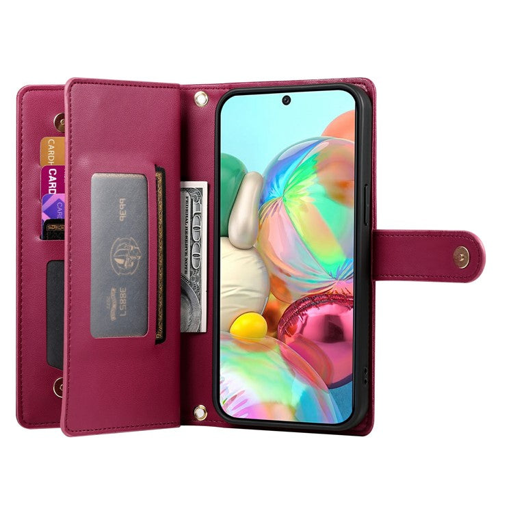 DF-011 For Google Pixel 9a Case Zipper Pocket Wallet Leather Phone Cover with Straps - Red