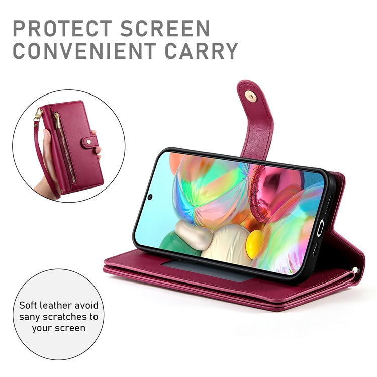 DF-011 For Google Pixel 9a Case Zipper Pocket Wallet Leather Phone Cover with Straps - Red