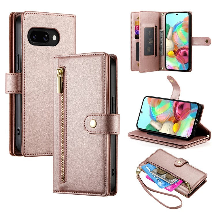 DF-011 For Google Pixel 9a Case Zipper Pocket Wallet Leather Phone Cover with Straps - Pink