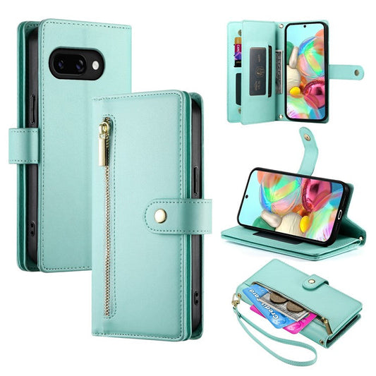 DF-011 For Google Pixel 9a Case Zipper Pocket Wallet Leather Phone Cover with Straps - Mint Green