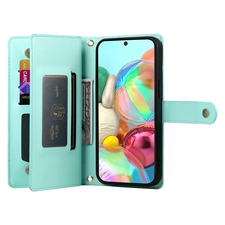 DF-011 For Google Pixel 9a Case Zipper Pocket Wallet Leather Phone Cover with Straps - Mint Green