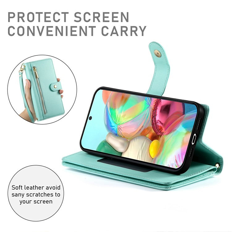 DF-011 For Google Pixel 9a Case Zipper Pocket Wallet Leather Phone Cover with Straps - Mint Green