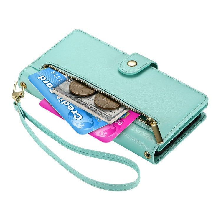 DF-011 For Google Pixel 9a Case Zipper Pocket Wallet Leather Phone Cover with Straps - Mint Green