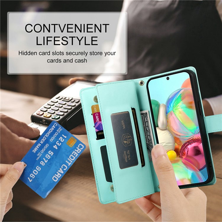 DF-011 For Google Pixel 9a Case Zipper Pocket Wallet Leather Phone Cover with Straps - Mint Green