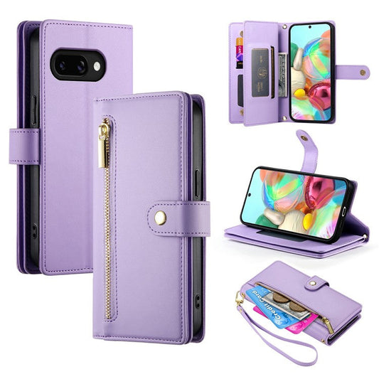 DF-011 For Google Pixel 9a Case Zipper Pocket Wallet Leather Phone Cover with Straps - Purple