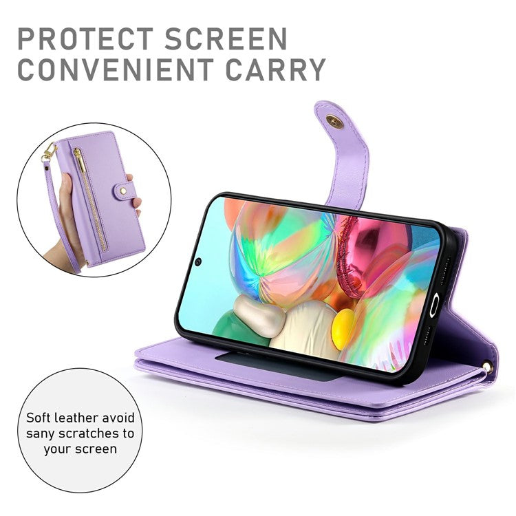 DF-011 For Google Pixel 9a Case Zipper Pocket Wallet Leather Phone Cover with Straps - Purple