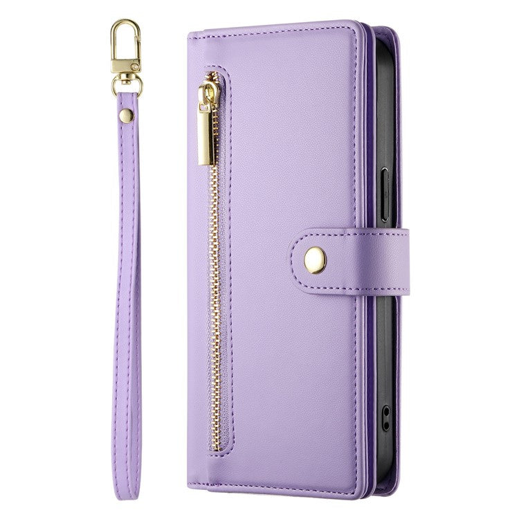 DF-011 For Google Pixel 9a Case Zipper Pocket Wallet Leather Phone Cover with Straps - Purple