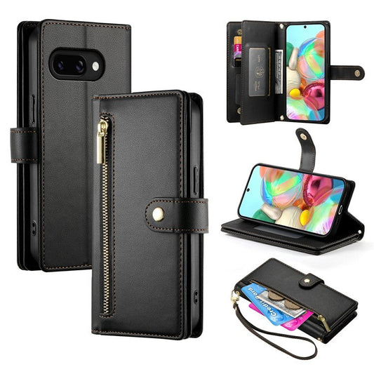 DF-011 For Google Pixel 9a Case Zipper Pocket Wallet Leather Phone Cover with Straps - Black