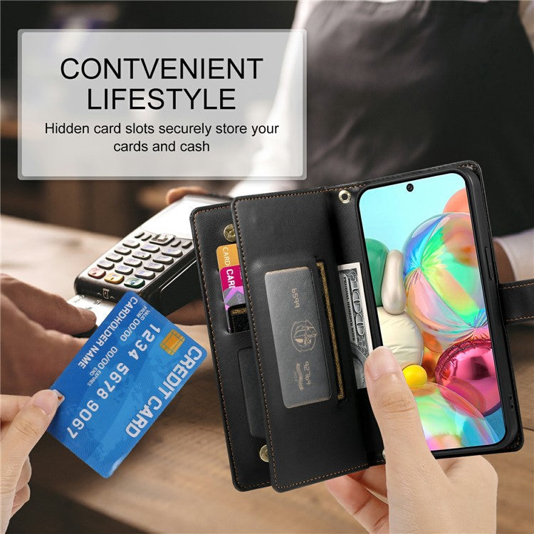 DF-011 For Google Pixel 9a Case Zipper Pocket Wallet Leather Phone Cover with Straps - Black