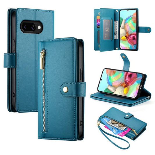 DF-011 For Google Pixel 9a Case Zipper Pocket Wallet Leather Phone Cover with Straps - Blue